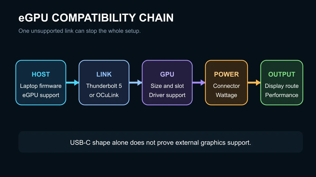 External GPU compatibility chain from laptop port through link, graphics card, power supply and drivers.