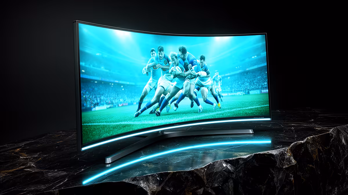 Curved Monitor Handle Watching Rugby and Sport in SA
