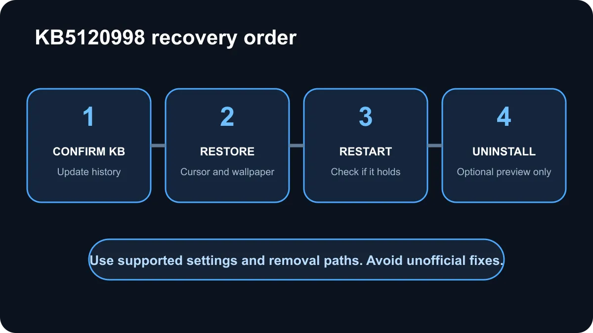 Windows KB5120998 recovery order from restoring settings to uninstalling the optional update.