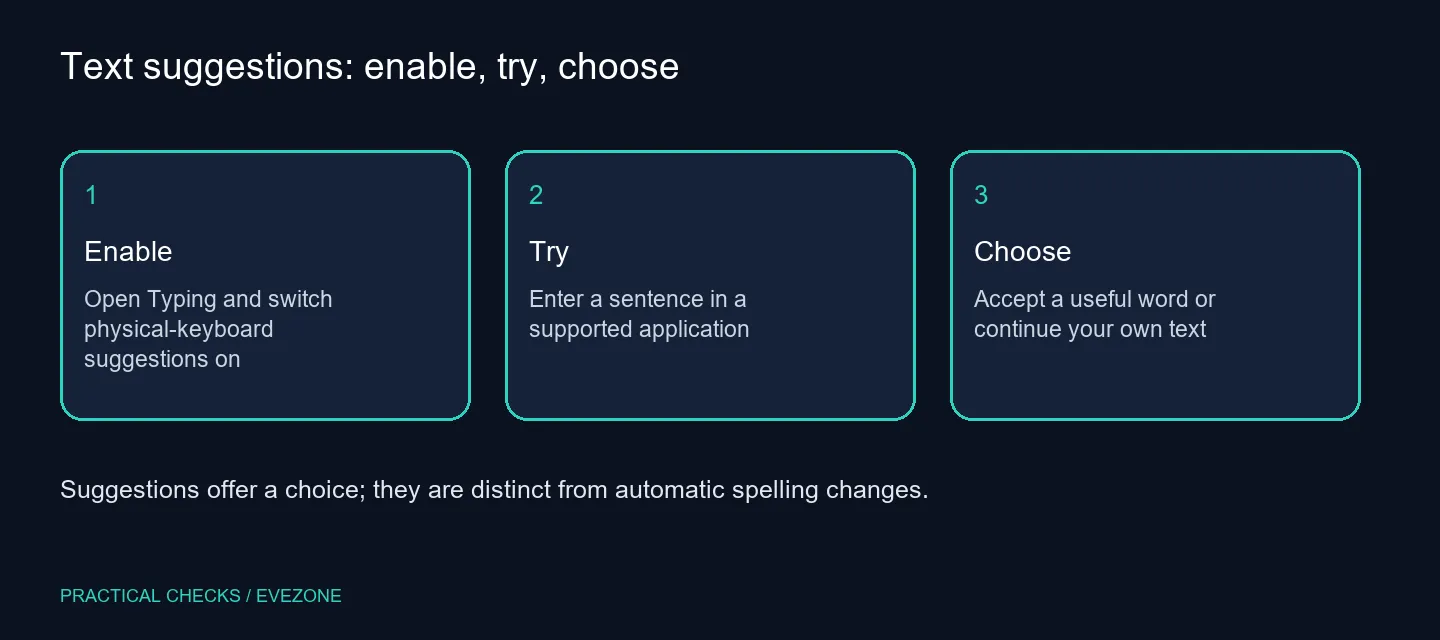 Text suggestions: enable, try, choose