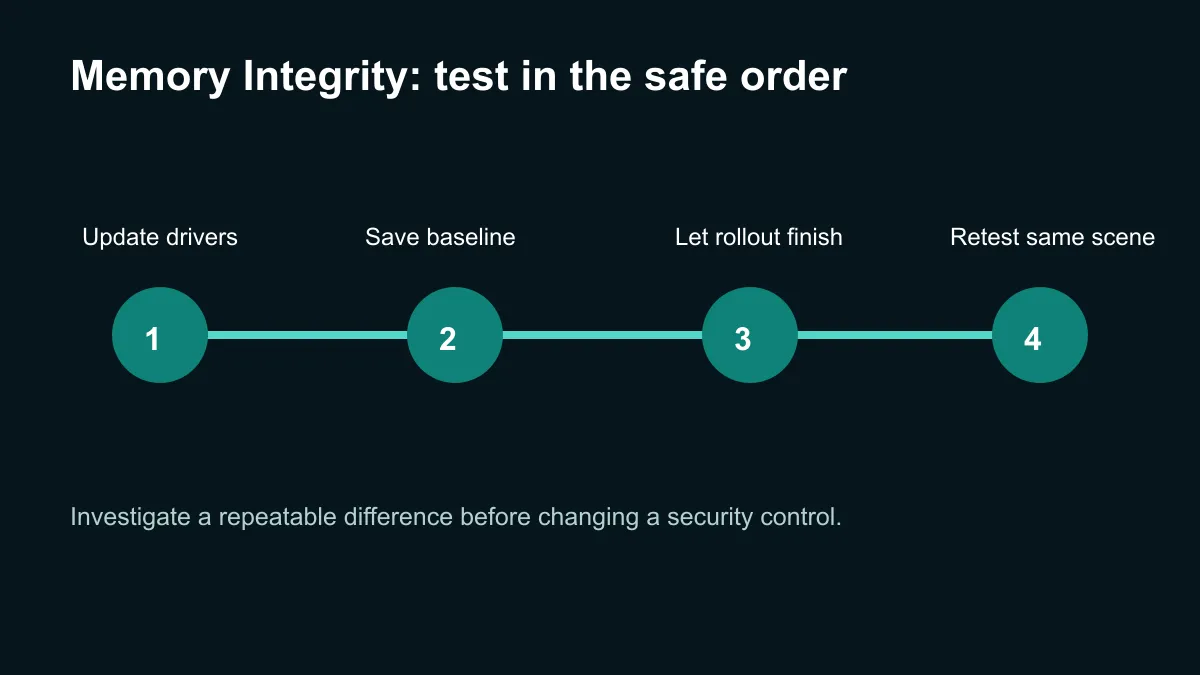 Windows 11 Memory Integrity rollout checklist for drivers, security status and gaming performance.