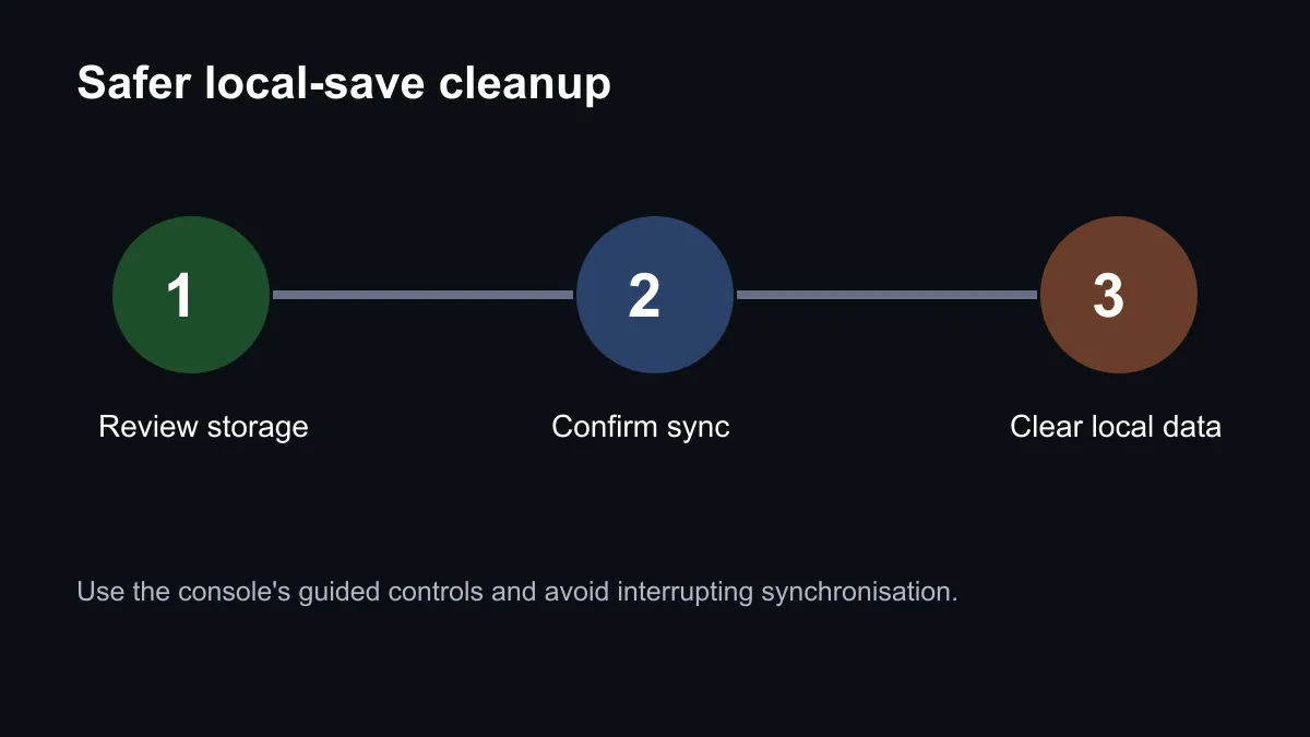 Safe Xbox local save cleanup sequence from sync check to storage decision.