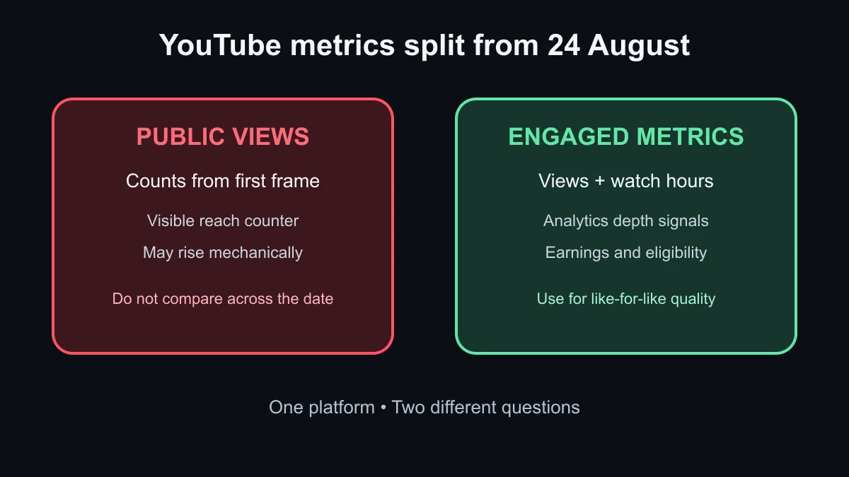 YouTube metric split between public starts and engaged performance measures.