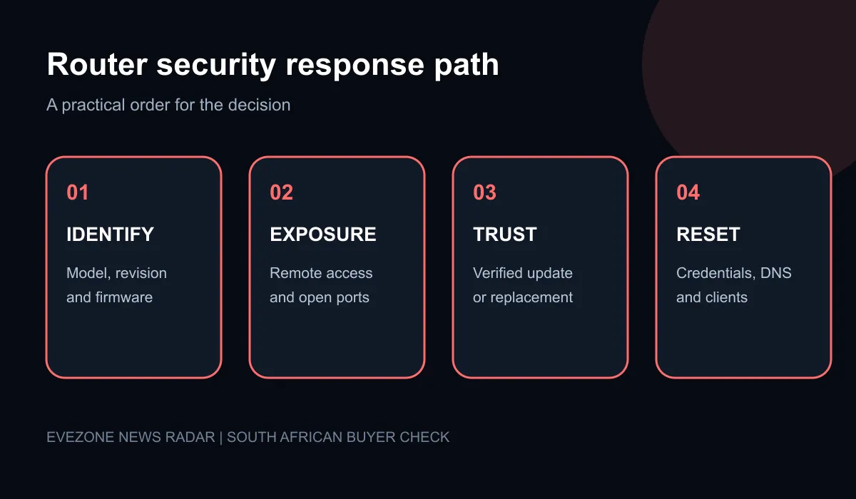 Four-step router security response covering identification, exposure, trusted firmware and credential changes.