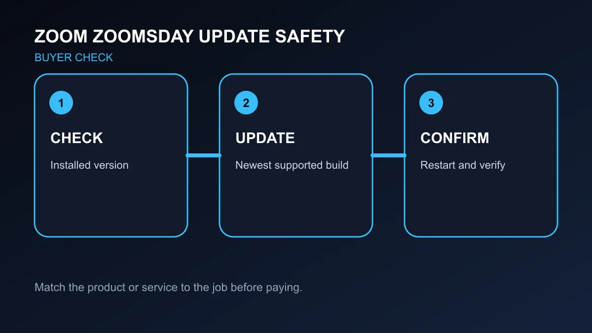 Four-step Zoom update checklist from version check to confirmed patched meeting client.