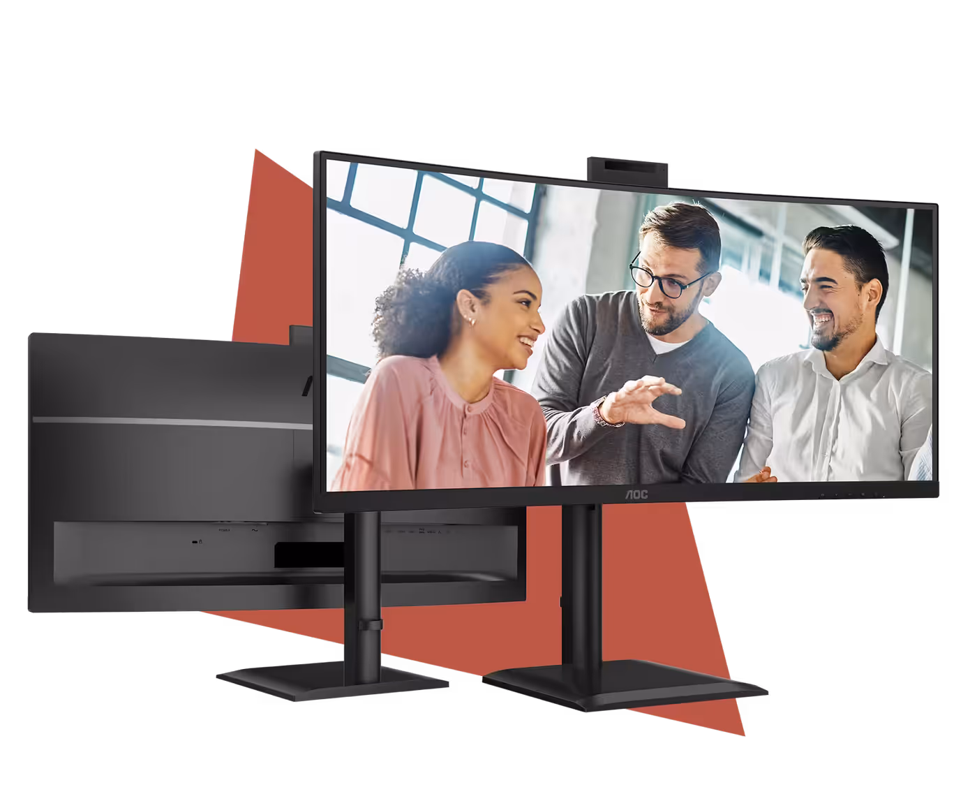 AOC CU34E4CW height adjustment range shown on two monitors