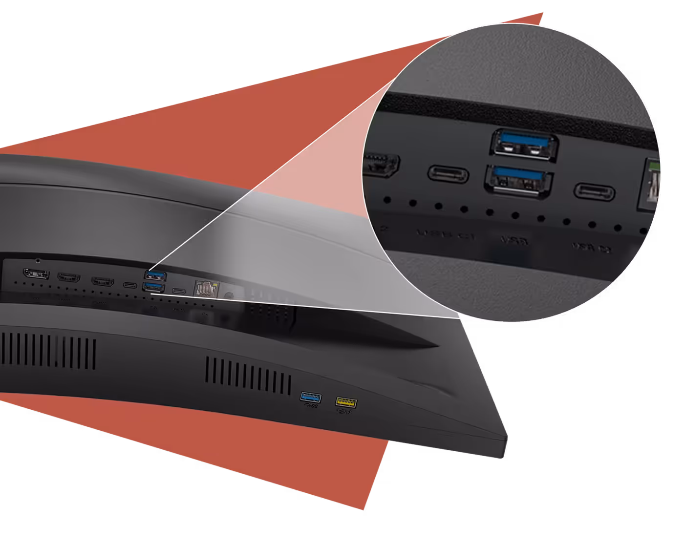 Close-up of the AOC CU34E4CW rear USB-C and USB-A ports