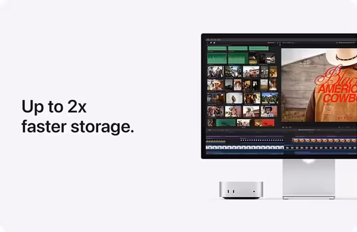 Video editing app on a display next to a Mac mini