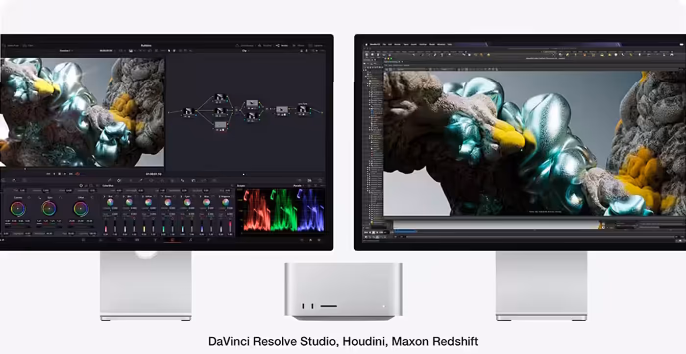 Mac Studio with two displays running 3D and colour grading apps