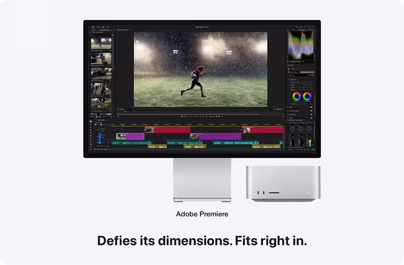 Mac Studio beside a display running a video editing app