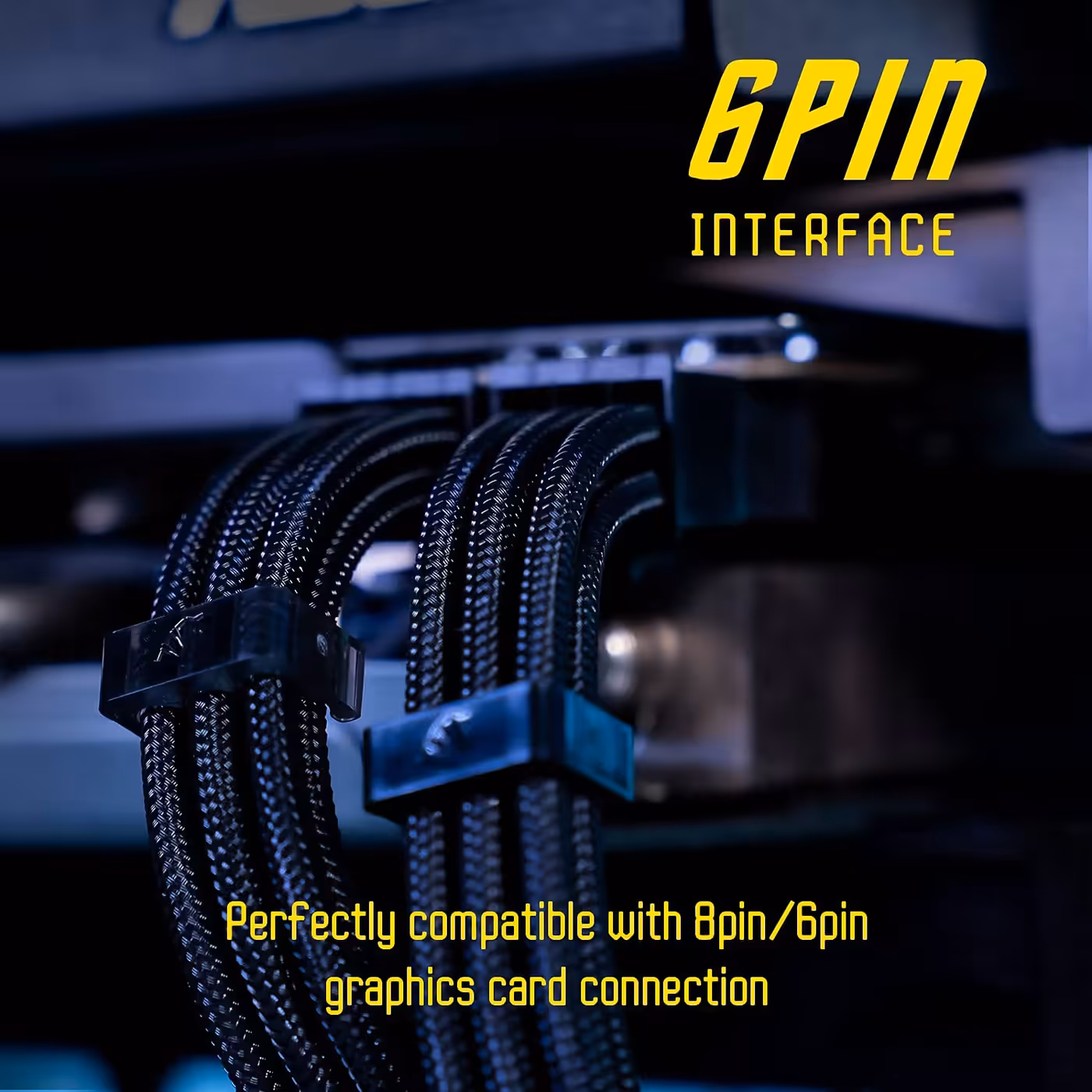Black sleeved 6-pin PCIe extension connected inside a build