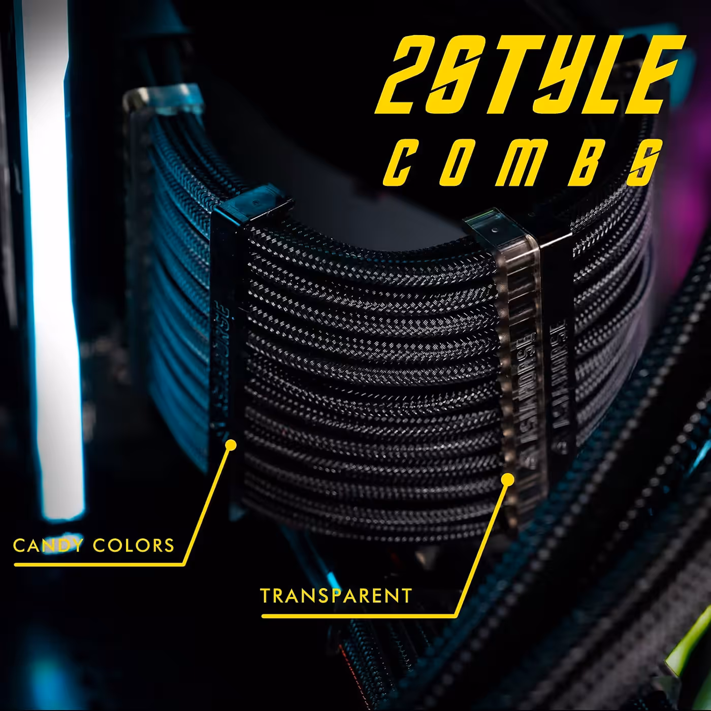 Black sleeved cables held by candy-colour and transparent AsiaHorse cable combs