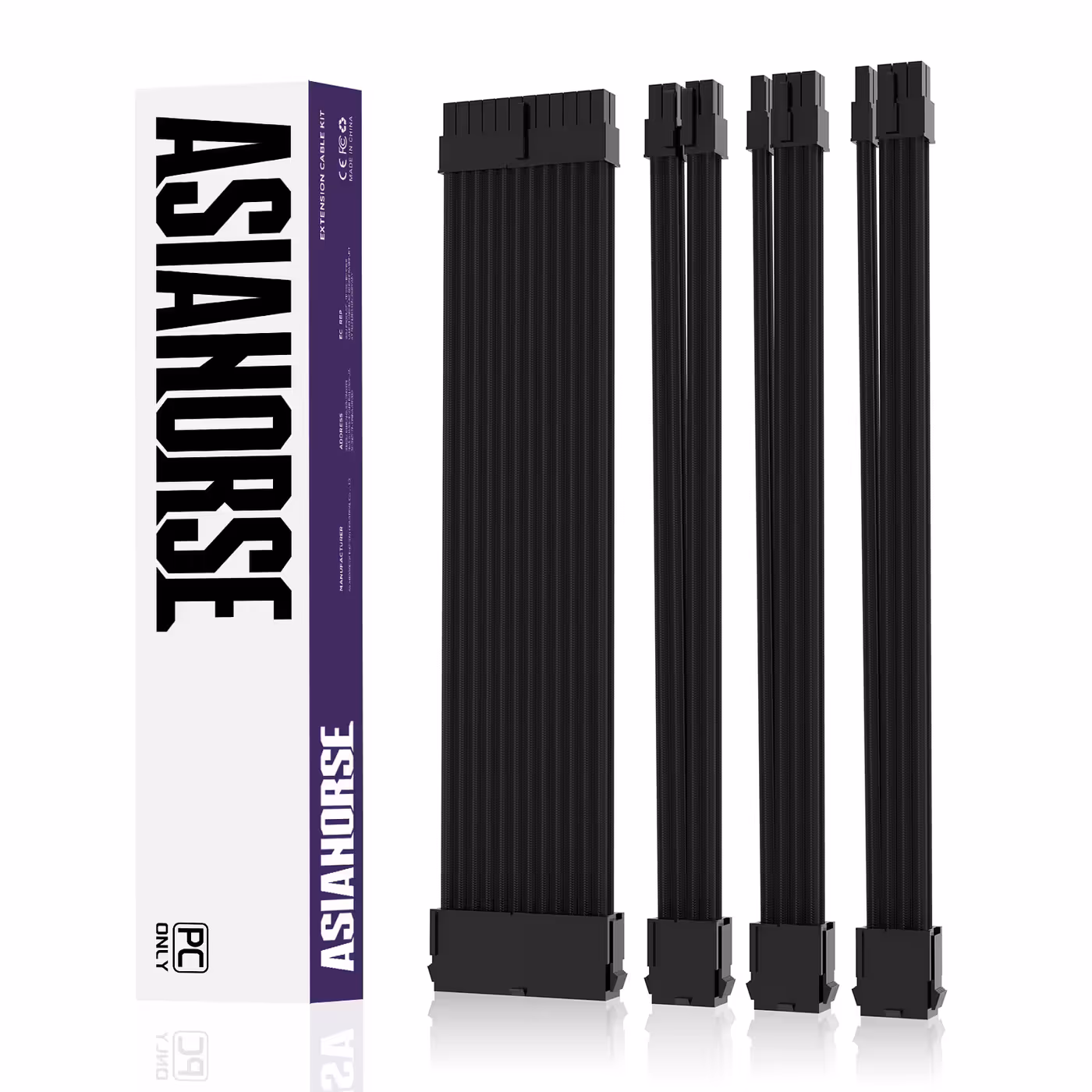 AsiaHorse 4-piece black sleeved extension cable kit with retail box