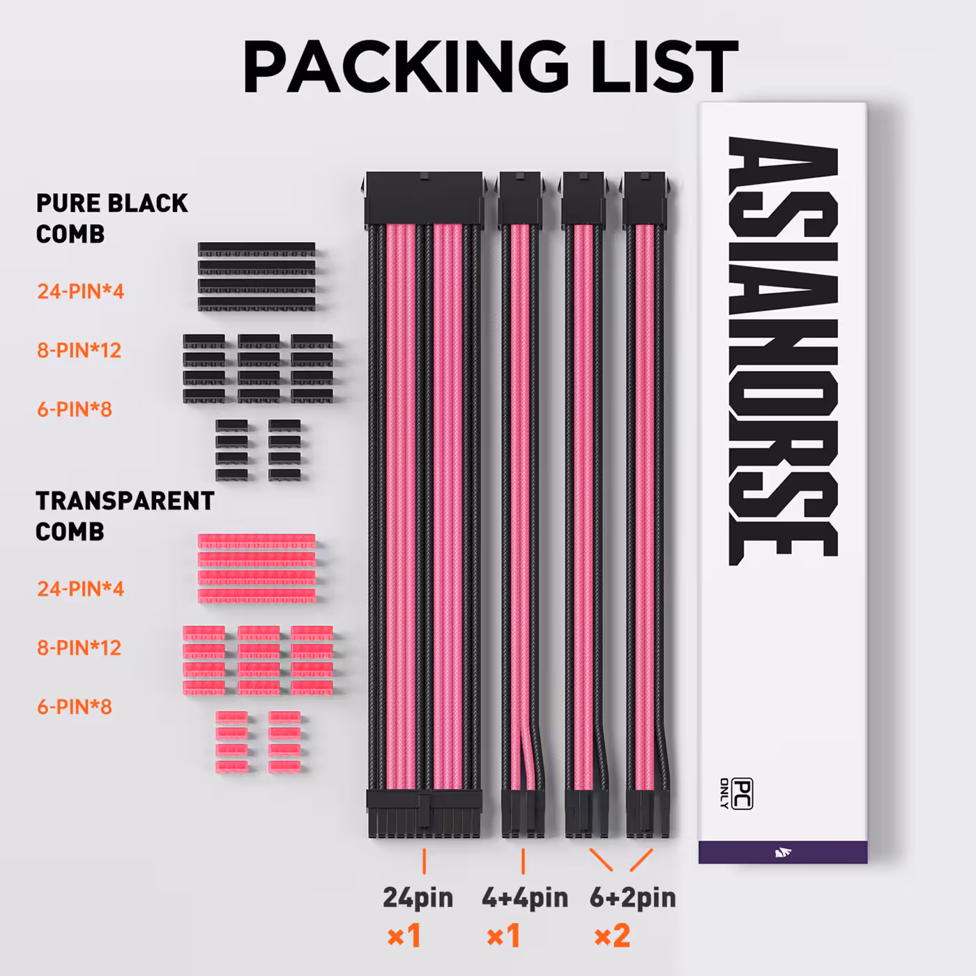 AsiaHorse 4-piece sleeved cable kit black pink - 8-Pin and 6-Pin Ready