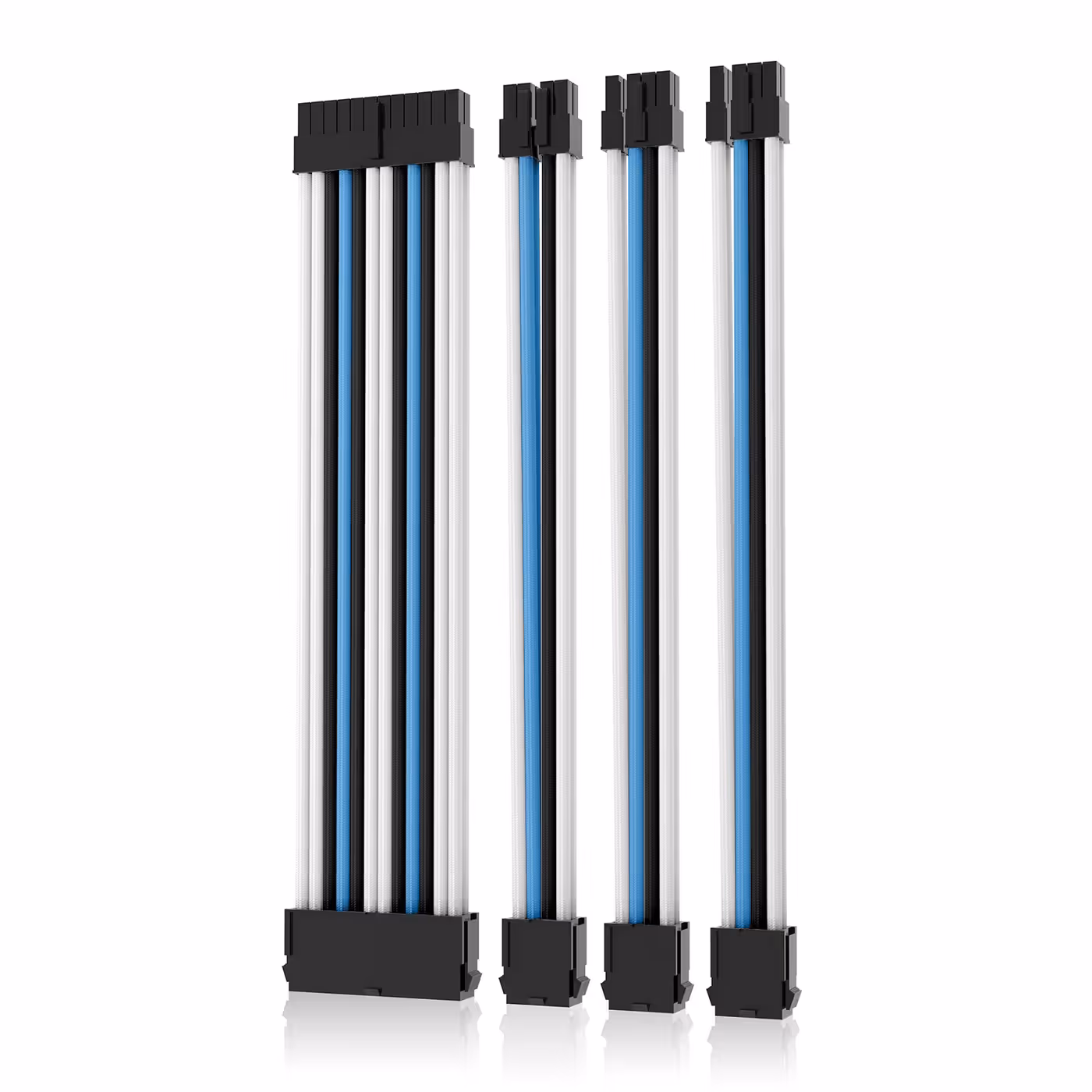 AsiaHorse 4-Piece Sleeved PSU Extension Cable Kit Black White & Blue - Black, White and Blue, Four Runs
