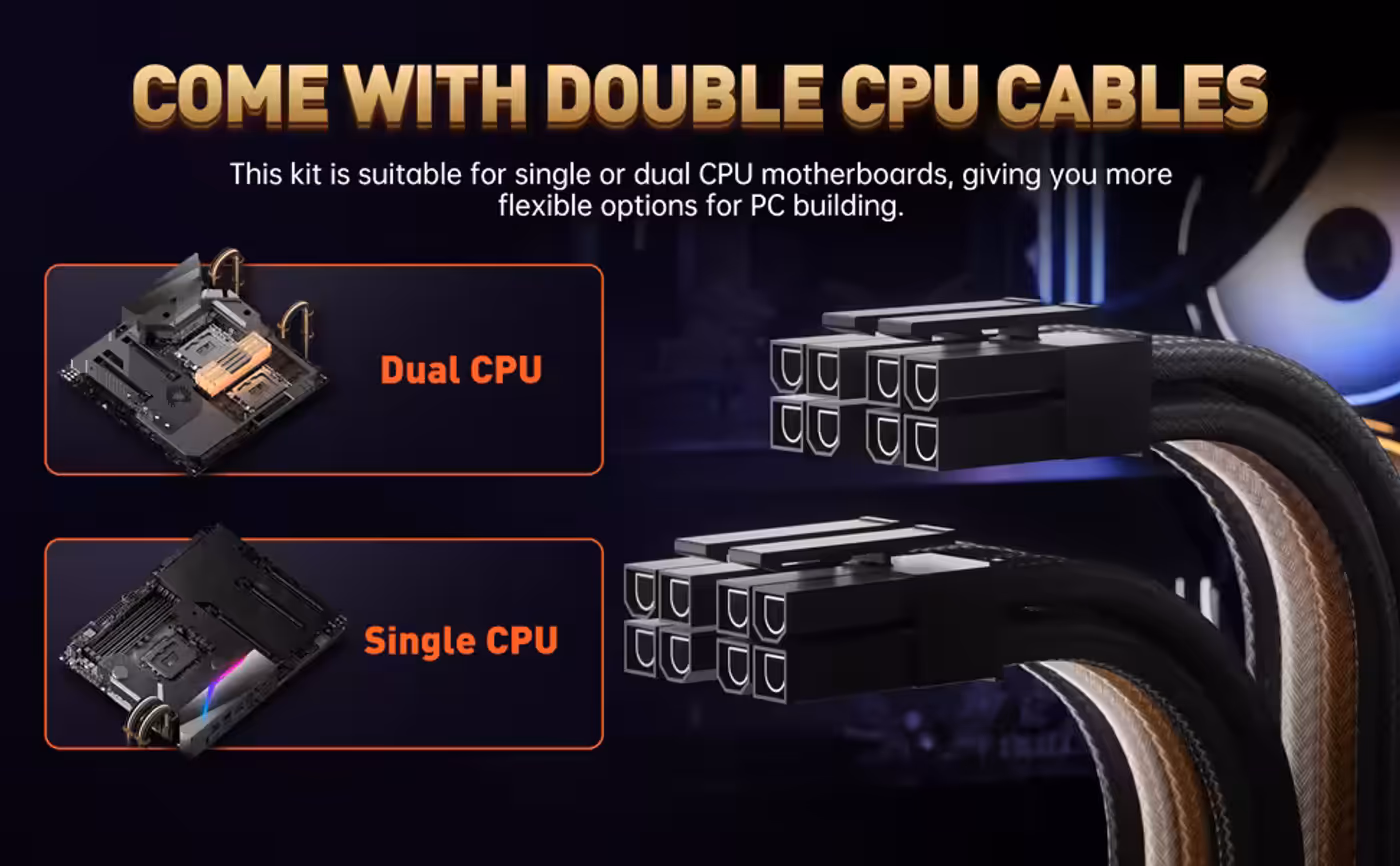 AsiaHorse 6-piece sleeved cable kit black brown - Dual CPU Power, Covered