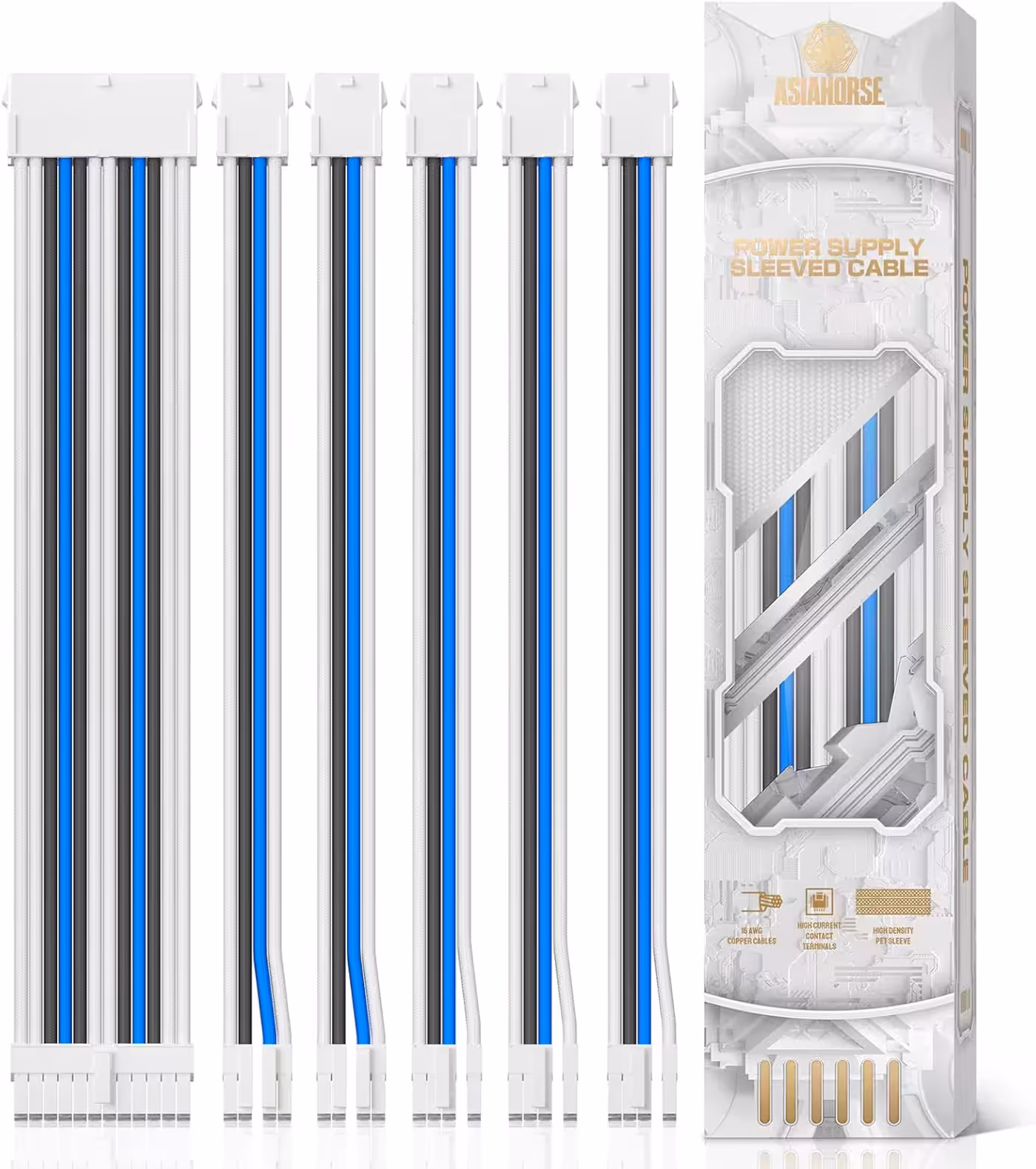 AsiaHorse 6-Piece Sleeved Cable Kit Blue & White - Six Cables in Tri-Tone Blue