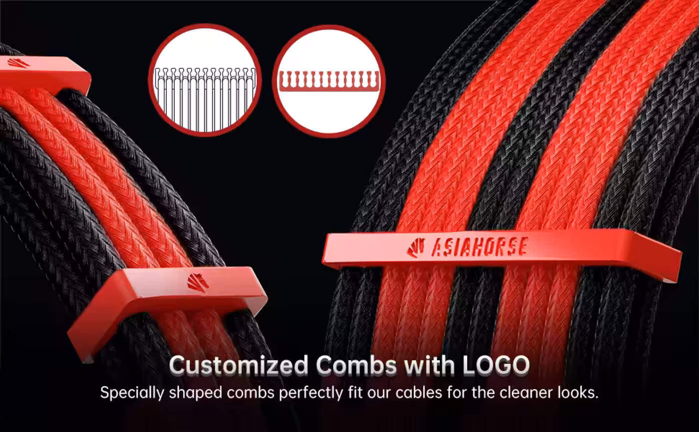 AsiaHorse 6-piece sleeved cable kit red black - Two Comb Styles in the Box