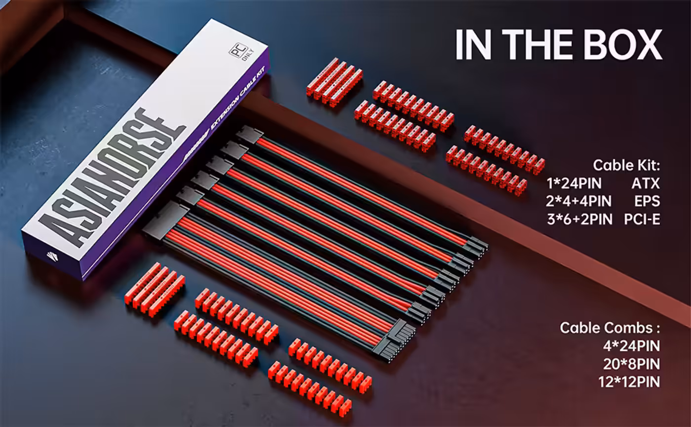 AsiaHorse 6-piece sleeved cable kit red black - Six Cables, One Finish