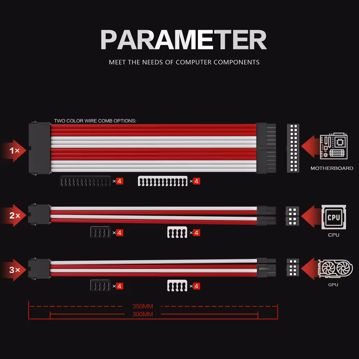 AsiaHorse 6-piece sleeved cable kit red white - Three PCIe Runs for Any Card