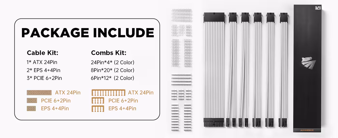 AsiaHorse 6-piece sleeved cable kit white - Six Cables, One Finish