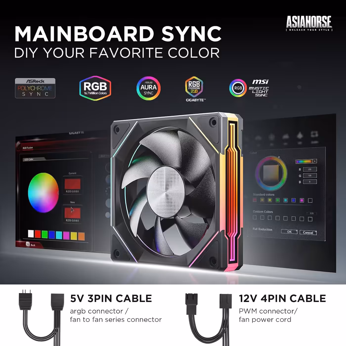 AsiaHorse Amici Pro 120mm ARGB Case Fans Black 3-Pack - Two Cables, Standard Headers