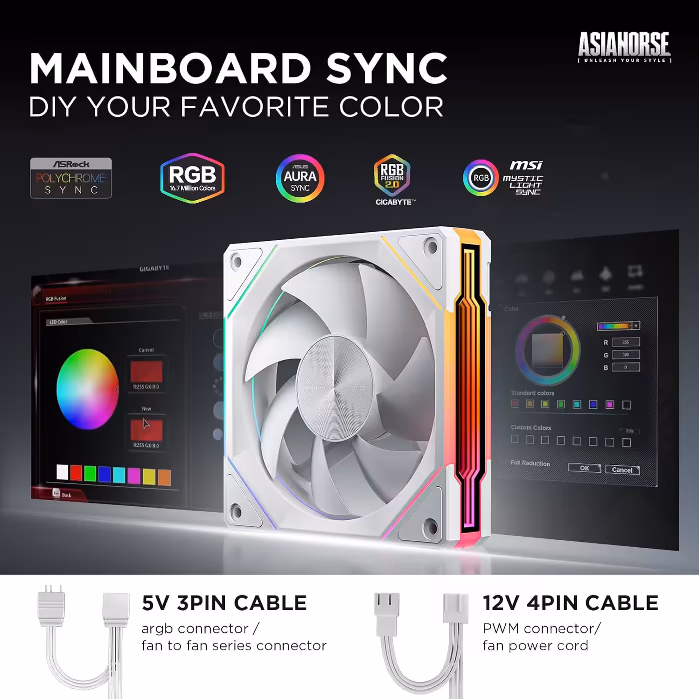 AsiaHorse Amici Pro 120mm ARGB Case Fans White 3-Pack - Two Cables, Standard Headers