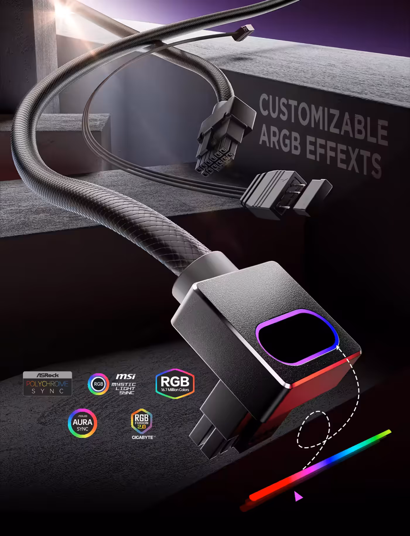 AsiaHorse Hydrus ARGB 16-Pin Modular PSU Cable Black (Type A) - Customisable ARGB Effects