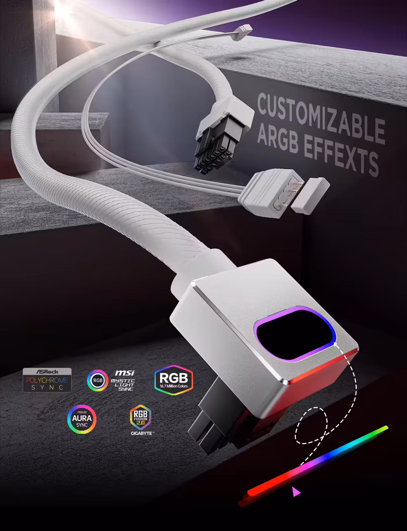 AsiaHorse Hydrus ARGB 16-Pin Modular PSU Cable White (Type A) - Customisable ARGB Effects