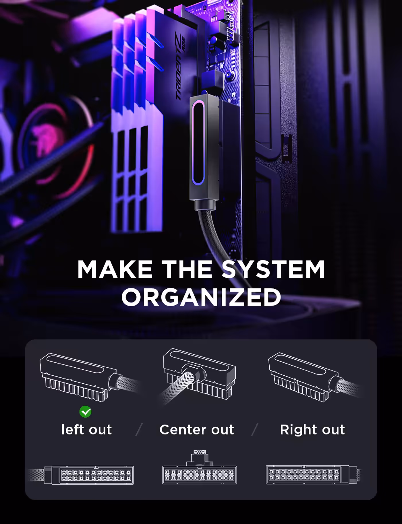 AsiaHorse Hydrus ARGB 24-Pin PSU Extension Cable Black (Side-Exit Type T) - Three Exits - This One Goes Left