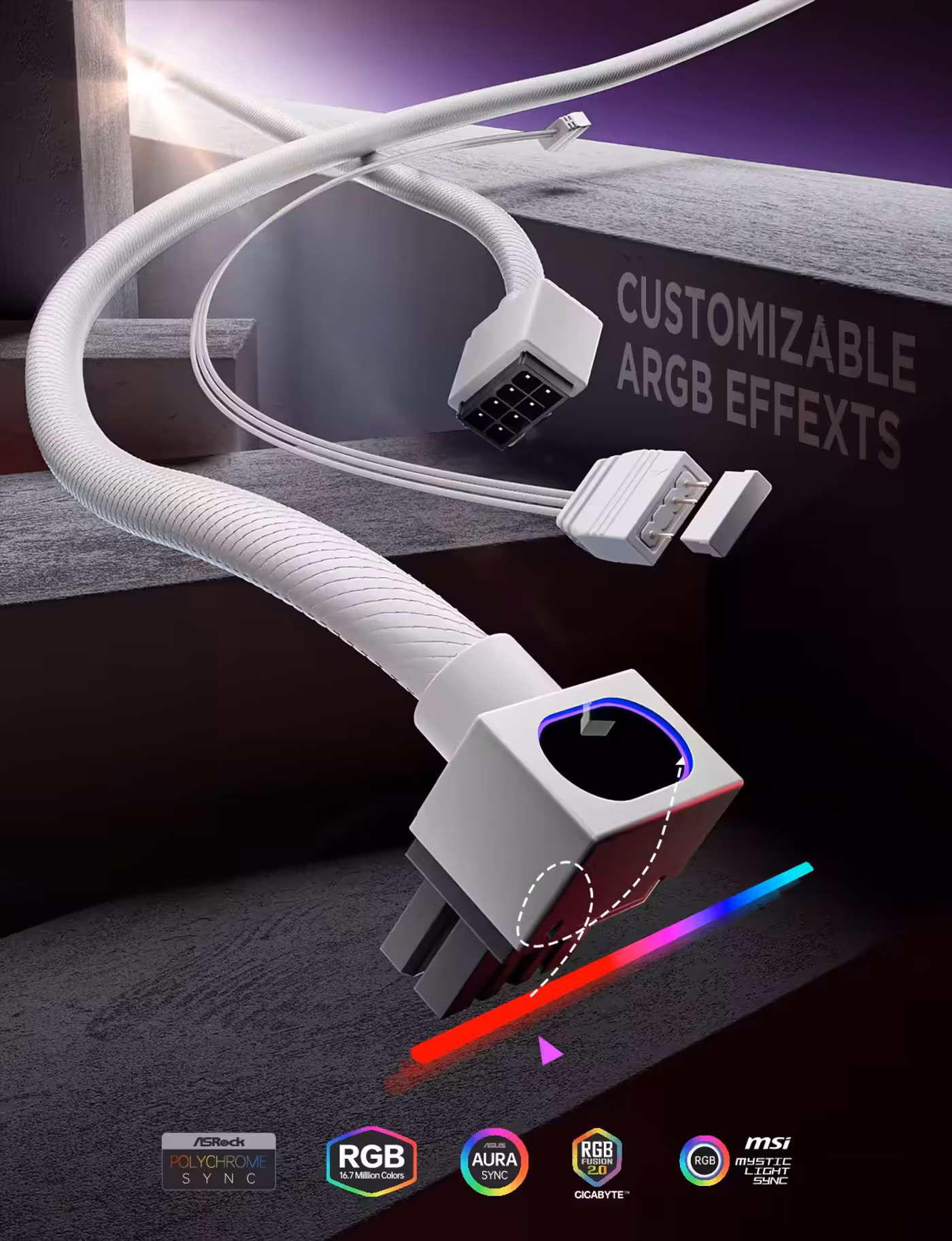 AsiaHorse Hydrus ARGB 8-pin (4+4) CPU extension cable white - Customisable ARGB Effects