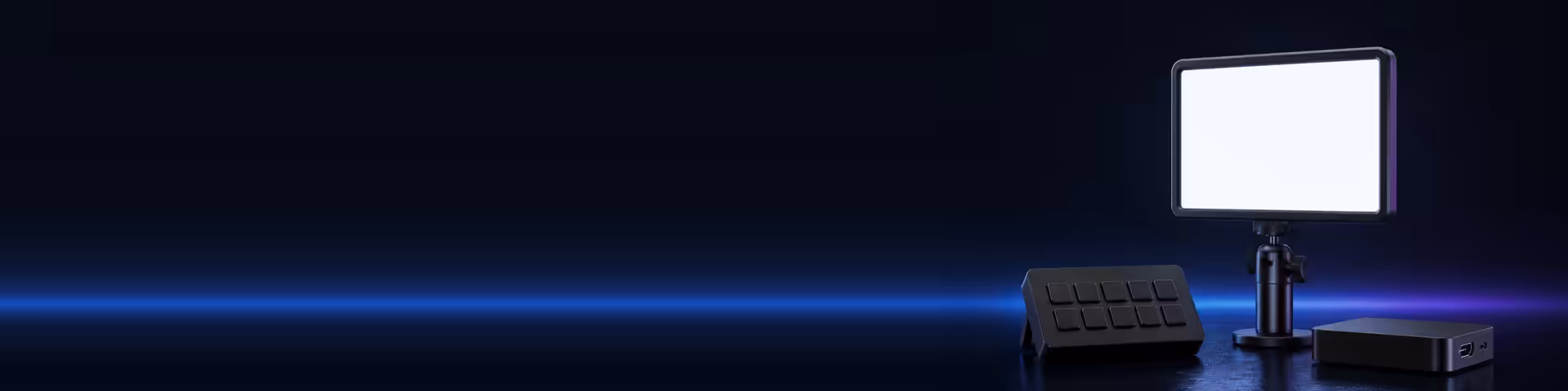 Streaming setup with lighting, capture card and control deck