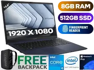 Asus ExpertBook B1 B1502CBA 12th Gen Intel Core i5-1235U up to 4.40GHz Processor, 12MB Cache, 10x Cores, 12x Threads / 8GB DDR4 RAM / 512GB Ultra-Fast SSD / 15.6" FHD 1920 x 1080 Anti-Glare Display / Integrated Intel® UHD Graphics / <span style="font-size: 20px; color: #00BFFF; font-weight: bold;">Windows 11 Professional (64bit)</span> / No DVD Writer Included / Intel® Wi-Fi 6 Wireless LAN / Bluetooth 5.3 / 720p HD camera / 1x USB-A 2.0 / 1x USB-A 3.2 / 2 x USB 3.2 Type-C / 1x HDMI 1.4 / 1 x Headphone & Microphone Audio Combo Jack / 1x RJ45 / White Backlit Chiclet Keyboard / Fingerprint Reader / Asus ExpertBook B1 B1502CBA Core i5 Laptop Deal