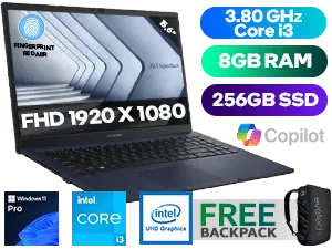 Asus ExpertBook B1 B1502CGA Intel Core i3-N305 up to 3.80GHz Processor, 6MB Cache, 8x Cores, 8x Threads / 8GB DDR4 RAM / 256GB Ultra-Fast NVMe SSD / 15.6" FHD 1920 x 1080 Anti-Glare Display / Integrated Intel® UHD Graphics / <span style="font-size: 20px; color: #00BFFF; font-weight: bold;">Windows 11 Professional (64bit)</span> / No DVD Writer Included / Intel® Wi-Fi 6 Wireless LAN / Bluetooth 5.2 / 720p HD camera / 1x USB-A 2.0 / 1x USB-A 3.2 / 2 x USB 3.2 Type-C / 1x HDMI 1.4 / 1 x Headphone & Microphone Audio Combo Jack / 1x RJ45 / Chiclet Keyboard / Fingerprint Reader / 1 Year Warranty / Asus ExpertBook B1 Core i3 Laptop Deal