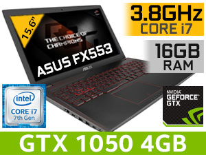 ASUS FX553VD Intel 7th Generation Kabylake Core i7-7700HQ up to 3.80GHz CPU / 16GB DDR4 RAM / 1TB Hard Drive / 15.6" FHD 1920x1080 Anti-Glare Display / GeForce GTX 1050 4GB GDDR5 Graphics With Desktop Level Performance /  Windows 10 64bit / Super-Multi DVD Drive / Integrated 802.11b/g/n Wi-Fi / Bluetooth 4.0 / USB 3.1 Type-C / HDMI 1.4 / HD Web Camera / Multi-format card reader / Backlit Keyboard / 2 Years International & Local Warranty / Asus GTX 1050 Gaming Laptop