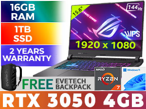 ASUS ROG Strix G15 G513IC AMD Ryzen 7 4800H up to 4.2GHz Processor with AMD Max Boost Clock Technology, 12MB Cache, 8x Cores, 16x Threads / 16GB DDR4 RAM / 1TB Ultra-Fast NVMe SSD / 15.6" FHD 1920x1080 Anti-Glare 144Hz, IPS Level Thin-Bezel Display / NVIDIA 30 Series GeForce RTX 3050 4GB GDDR6 Dedicated Graphics / Windows 11 Home (64bit) / Chiclet <span style="font-size: 20px; color: rgb(255, 0, 0);">R</span><span style="font-size: 20px; color: rgb(51, 153, 0);">G</span><span style="font-size: 20px; color: rgb(51, 102, 255);">B</span> Backlit Keyboard / Bluetooth v5.1 / Wi-Fi 6 Wireless LAN / 1 x Gigabit Lan Port (RJ45) / 3 x USB Type-A / 1x USB Type-C / 1 x HDMI / 1x Microphone and Headphone Combo jack / 2 speaker with 
Dolby Atmos Audio / 2 Years Warranty / ASUS ROG Strix G15 G513 Ryzen 7 RTX 3050 Gaming Laptop Deal