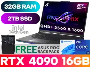 [G-SYNC] ASUS ROG Strix SCAR 18 14th Gen Intel Core i9-14900HX up to 5.80GHz Processor, 36MB Cache, 24x Cores, 32x Threads / 32GB DDR5 RAM / 2TB Ultra-Fast NVMe SSD / 18" QHD+ (2560 x 1600) 3ms Response Time Anti-Glare IPS Level 240Hz Refresh Rate ROG Nebula Display / NVIDIA 40 Series GeForce RTX 4090 16GB GDDR6 Graphics With Desktop Level Performance / Windows 11 Home (64bit) / USB 720P HD Web Camera / 1x Gigabit LAN (RJ45) / Intel Wi-Fi 6E Wireless LAN / Bluetooth 5.3 / 2 x USB 3.2 Type-A / 1x USB 3.2 Gen 2 Type-C support DisplayPort™ / power delivery / G-SYNC / 1x Type-C Thunderbolt™ 4 support DisplayPort™ / 1 x HDMI 2.1 / 1 x Headphone and Microphone Audio Combo Jack / Per-key RGB Backlit Keyboard / 4-speaker with smart AMP technology /  FREE ASUS ROG Backpack / ASUS ROG Strix SCAR 18 Core i9 RTX 4090 Gaming Laptop Deal