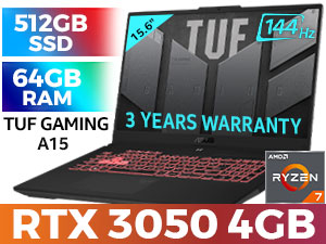 ASUS TUF Gaming A15 FA507RC AMD Ryzen™ 7 6800H up to 4.7GHz Processor with AMD Max Boost Clock Technology, 20MB Cache, 8x Cores, 16x Threads / 64GB DDR5 RAM / 512GB Ultra-Fast NVMe SSD / 15.6" FHD 1920x1080 Anti-Glare 144Hz, IPS Level Display / NVIDIA 30 Series GeForce RTX 3050 4GB GDDR6 Dedicated Graphics / Windows 11 Home (64bit) / Chiclet <span style="font-size: 20px; color: rgb(255, 0, 0);">R</span><span style="font-size: 20px; color: rgb(51, 153, 0);">G</span><span style="font-size: 20px; color: rgb(51, 102, 255);">B</span> Backlit Keyboard / Bluetooth v5.2 / Wi-Fi 6 Wireless LAN / 1 x Gigabit Lan Port (RJ45) / 2 x USB Type-A / 2x USB Type-C / 1 x HDMI / 1x Microphone and Headphone Combo jack / 720P HD camera / 2 speaker with Dolby Atmos Audio / ASUS TUF Gaming A15 Ryzen 7 RTX 3050 Gaming Laptop Deal