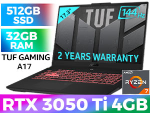 ASUS TUF Gaming A17 FA707RE AMD Ryzen™ 7 6800H up to 4.7GHz Processor with AMD Max Boost Clock Technology, 20MB Cache, 8x Cores, 16x Threads / 32GB DDR5 RAM / 512GB Ultra-Fast NVMe SSD / 17.3" FHD 1920x1080 Anti-Glare 144Hz, IPS Level Thin-Bezel Display / NVIDIA GeForce RTX 3050 Ti 4GB GDDR6 Dedicated Graphics / Windows 11 Home (64bit) / Chiclet <span style="font-size: 20px; color: rgb(255, 0, 0);">R</span><span style="font-size: 20px; color: rgb(51, 153, 0);">G</span><span style="font-size: 20px; color: rgb(51, 102, 255);">B</span> Backlit Keyboard / Bluetooth v5.2 / Wi-Fi 6 Wireless LAN / 1 x Gigabit Lan Port (RJ45) / 2 x USB Type-A / 2x USB Type-C / 1 x HDMI / 1x Microphone and Headphone Combo jack / 2 speaker with Dolby Atmos Audio / 2 Years Warranty / ASUS TUF Gaming A17 Ryzen 7 RTX 3050 Ti Gaming Laptop Deal