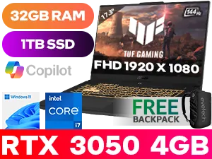 ASUS TUF Gaming F17 FX707ZC4 12th Gen Intel Core i7-12700H up to 4.60GHz Processor, 24MB Cache, 14x Cores, 20x Threads / 32GB DDR4 RAM / 1TB Ultra-Fast NVMe SSD / 17.3" FHD 1920x1080 144Hz Refresh-rate Anti-Glare IPS Level Display / NVIDIA 30 Series GeForce RTX 3050 4GB GDDR6 Dedicated Graphics Card / Windows 11 Home (64bit) / Wi-Fi 6 Wireless LAN / Bluetooth v5.2 / 720P HD camera / 2x USB 3.2 Type-C / 2x USB 3.2 Type-A / 1x HDMI 2.0b / 1x Headphone & Microphone Combo Jack / RGB Backlit Keyboard / 2x 2W Speakers / ASUS TUF Gaming F17 Core i7 RTX 3050 Gaming Laptop Deal