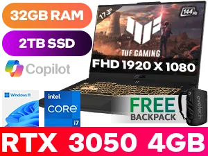 ASUS TUF Gaming F17 FX707ZC4 12th Gen Intel Core i7-12700H up to 4.60GHz Processor, 24MB Cache, 14x Cores, 20x Threads / 32GB DDR4 RAM / 2TB Ultra-Fast NVMe SSD / 17.3" FHD 1920x1080 144Hz Refresh-rate Anti-Glare IPS Level Display / NVIDIA 30 Series GeForce RTX 3050 4GB GDDR6 Dedicated Graphics Card / Windows 11 Home (64bit) / Wi-Fi 6 Wireless LAN / Bluetooth v5.2 / 720P HD camera / 2x USB 3.2 Type-C / 2x USB 3.2 Type-A / 1x HDMI 2.0b / 1x Headphone & Microphone Combo Jack / RGB Backlit Keyboard / 2x 2W Speakers / ASUS TUF Gaming F17 Core i7 RTX 3050 Gaming Laptop Deal