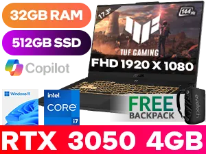 ASUS TUF Gaming F17 FX707ZC4 12th Gen Intel Core i7-12700H up to 4.60GHz Processor, 24MB Cache, 14x Cores, 20x Threads / 32GB DDR4 RAM / 512GB Ultra-Fast NVMe SSD / 17.3" FHD 1920x1080 144Hz Refresh-rate Anti-Glare IPS Level Display / NVIDIA 30 Series GeForce RTX 3050 4GB GDDR6 Dedicated Graphics Card / Windows 11 Home (64bit) / Wi-Fi 6 Wireless LAN / Bluetooth v5.2 / 720P HD camera / 2x USB 3.2 Type-C / 2x USB 3.2 Type-A / 1x HDMI 2.0b / 1x Headphone & Microphone Combo Jack / RGB Backlit Keyboard / 2x 2W Speakers / ASUS TUF Gaming F17 Core i7 RTX 3050 Gaming Laptop Deal