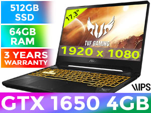 ASUS TUF Gaming FX705DT AMD Ryzen 7 3750H up to 4.0GHz Processor with AMD Max Boost Clock Technology, 6MB Cache, 4x Cores, 8x Threads / 64GB DDR4 RAM / 512GB Ultra-Fast NVMe SSD / 17.3" FHD 1920x1080 Anti-Glare IPS Level NanoEdge Display / NVIDIA GeForce GTX 1650 4GB GDDR5 DirectX 12 Dedicated Graphics Card / Windows 10 Home (64bit) / Integrated 802.11ac Wireless LAN / 2x USB 3.2 Type-A / 1x USB 2.0 / 1 x HDMI 2.0v / 1 x Audio In And Audio Out Combo Jack / Bluetooth v5.0 / 720p HD Web Camera With Array microphone / Illuminated Chiclet <span style="font-size: 20px; color: rgb(255, 0, 0);">R</span><span style="font-size: 20px; color: rgb(51, 153, 0);">G</span><span style="font-size: 20px; color: rgb(51, 102, 255);">B</span></span> Keyboard / DTS 7.1-channel Virtual Surround Sound / 2 x 2W Speakers / <span style="color:red; font-size: 18px;">3 Years Fetch and Repair Warranty</span> / ASUS TUF Gaming FX705DT Ryzen 7 GTX 1650 Gaming Laptop Deal