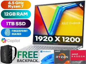 ASUS Vivobook 16 M1605YA AMD Ryzen 7 7730U up to 4.5GHz Processor with AMD Max Boost Clock Technology, 20MB Cache, 8x Cores, 16x Threads / 12GB DDR4 RAM / 1TB Ultra-Fast NVMe SSD / 16" WUXGA (1920 x 1200) Anti-glare Display / Integrated AMD Radeon™ Graphics / Windows 11 Home (64bit) / No DVD Writer Included / Wi-Fi 6 MediaTek MT7902 Wireless LAN / Bluetooth 5.1 / HD Web Camera With Privacy Shutter / 2x USB 3.2 Type-A / 1x USB 2.0 / 1x USB 3.2 Type-C / 1x HDMI / 1x Audio In And Out Combo Jack / White Backlit Chiclet Keyboard / Finger Print Reader / SonicMaster Audio / ASUS Vivobook 16 M1605YA Ryzen 7 Laptop Deal