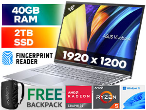 ASUS VivoBook 16X M1603QA AMD Ryzen 5 5600H up to 4.20GHz Processor, 16MB Cache, 6x Cores, 12x Threads / 40GB DDR4 RAM / 2TB Ultra-Fast NVMe SSD / 16" WUXGA (1920 x 1200) Anti-glare Display / Integrated AMD Radeon™ Graphics / Windows 11 Home (64bit) / No DVD Writer Included / Wi-Fi 6 MediaTek MT7921 Wireless LAN / Bluetooth 5.0 / HD Web Camera With Privacy Shutter / 2x USB 3.2 Type-A / 1x USB 2.0 / 1x USB 3.2 Type-C / 1x HDMI / 1x Audio In And Out Combo Jack / White Backlit Chiclet Keyboard / <span style="color:#f300f0; font-size:22px;">Finger Print Reader</span> / SonicMaster Audio / ASUS VivoBook 16X M1603QA Ryzen 5 Laptop Deal