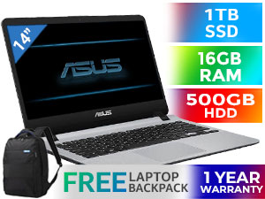 ASUS Laptop X407MA Intel Dual Core N4000 up to 2.60GHz Processor, 4MB Cache, 2x Cores, 2x Threads / 16GB DDR4 Memory / 1TB Ultra-Fast SSD + 500GB Hard Drive / 14" 16:9 HD (1366 x 768) Anti-Glare Display / Intel Integrated UHD 600 Graphics / No DVD Drive Included / Windows 10 Home (64bit) / 802.11ac Wireless LAN / Bluetooth 4.1 / Web Camera / 1 x USB 3.0 Type-A / 1 x USB 2.0 / 1 x HDMI / 1x Headphone-out & Audio-in Combo Jack / 1 x Micro SD Card Reader / Chiclet keyboard / Audio by ICEpower® ASUS Sonic Master Audio Technology / Ultra-Light 1.5 kg / 1 Year Fetch and Repair Warranty / Free ASUS Backpack / ASUS X407MA Intel Dual Core Laptop