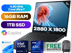 Asus Zenbook Duo 14 OLED UX8406MA Intel Core Ultra 7-155H up to 4.80GHz Processor, 24MB Cache, 16x Cores, 22x Threads / 16GB LPDDR5X RAM / 1TB Ultra-Fast NVME SSD / 14" WQ+ (2880x1800) OLED Glass Display / Integrated Intel Arc Graphics, DirectX 12 Support / 1080p FHD camera / Intel Wi-Fi 6E AX211 Wireless LAN / Bluetooth 5.3 / Windows 11 Home (64bit) / 1x USB 3.2 Type-A / 2x USB 3.1 Type-C (Thunderbolt™ 4 supports display / power delivery)/ 1x HDMI 2.1 / 1x Headphone and Microphone Audio Combo Jack / White Backlit Keyboard / Free Asus Pen 2.0 / Free Asus UX482 Backpack with Pen Slot / Asus Zenbook Duo 14 OLED UX8406MA Intel Core Ultra 7 Ultrabook Laptop Deal