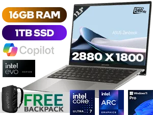 Asus Zenbook S 13 OLED UX5304MA Intel Core Ultra 7-155U up to 4.80GHz Processor 12x Cores 14x Threads / 16GB LPDDR5X RAM / 1TB Ultra-Fast NVME SSD / 13.3" WQ+ (2880x1800) OLED Glass Display / Integrated Intel Graphics, DirectX 12 Support / 1080p FHD camera / Intel Wi-Fi 6E AX211 Wireless LAN / Bluetooth 5.3 / <span style="font-size: 20px; color: #00BFFF; font-weight: bold;">Windows 11 Professional (64bit)</span> / 1x USB 3.2 Type-A / 2x USB 3.1 Type-C (Thunderbolt™ 4 supports display / power delivery)/ 1x HDMI 2.1 / 1x Headphone and Microphone Audio Combo Jack / White Backlit Keyboard / Free Asus Zenbook Sleeve / Asus Zenbook S 13 OLED UX5304MA Core Ultra 7 Ultrabook Deal