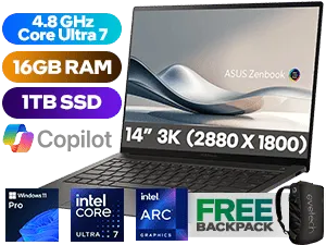 Asus ZenBook S 14 UX5406SA Intel Core Ultra 7 Processor / 16GB LPDDR5X RAM / 1TB Ultra-Fast NVMe SSD / 14" 3K (2880 x 1800) OLED Display / Intel Arc Integrated Graphics / <span style="font-size: 20px; color: #00BFFF; font-weight: bold;">Windows 11 Professional (64bit)</span> / Intel WiFi 7 BE201 Wireless LAN / Bluetooth 5.4 / HD Web Camera / 1x USB Type-A / 2x USB Type-C (Thunderbolt 4) / 1x Headphone-out & Audio-in Combo Jack / 1x HDMI 2.1 / White Backlit Chiclet Keyboard / 2x 2w Speaker Harmon/ Kardon Audio Technology / FREE ASUS Notebook Sleeve / Asus ZenBook S 14 Ultra 7 Professional Ultrabook