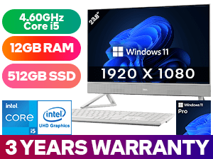 Dell Inspiron 5420 13th Gen Intel Core i5-1335U up to 4.60GHz Processor, 12MB Cache, 10x Cores, 12x Threads / 12GB DDR4 RAM / 512GB Ultra-Fast NVMe SSD / 23.8" FHD (1920 x 1080) Anti-Glare Display / Integrated Intel® UHD Graphics, DirectX 12 Support / <span style="color:blue; font-size: 17px;">Windows 11 Professional (64bit)</span> / Intel® Wi-Fi 6E AX211 Wireless LAN / Bluetooth 5 / FHD Web Camera with Dual Array Digital Microphone / 4x USB Type-A / 1x USB Type-C / 2x HDMI 1.4b / 1 x Headphone & Microphone Audio Combo Jack / 1x RJ-45 Ethernet Port / 1x SD Card Reader / Dell Wireless mouse included with Keyboard / Dell Inspiron 24 5420 13th Gen Core i5 All-in-One PC